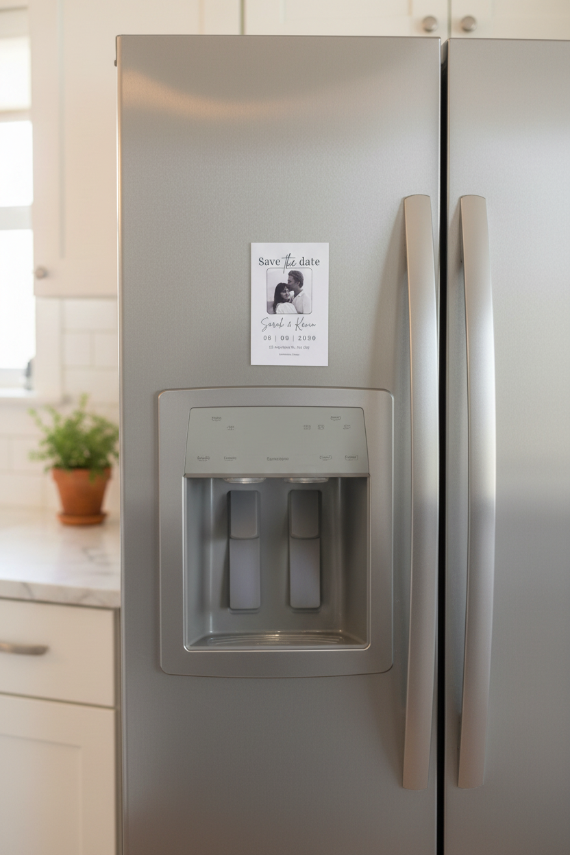 Save the Date Magnet on Modern Silver Fridge